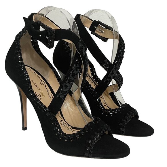 Marchesa Womens Heels Size 39 Suede Leather Criss Cross Whipstitch Trim Straps - Picture 1 of 11